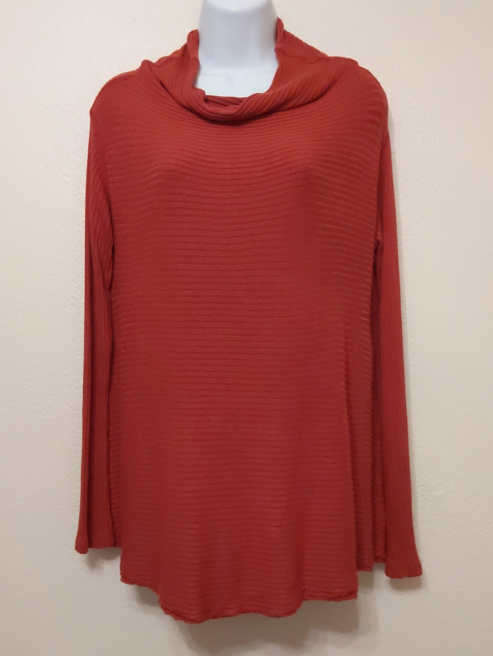We The Free Pullover Top Sweater Burnt Orange Ribbed Funnel Neck Raw Hem Sz XS